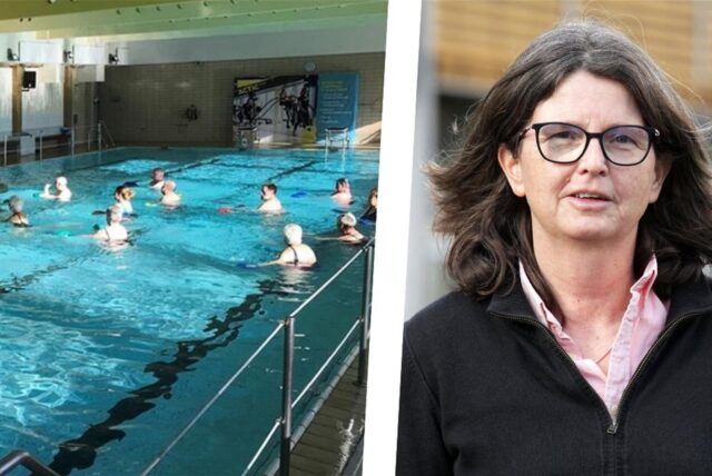 Links mehrere Menschen in einem Becken des Hallenbads Selm, rechts Christine Jücker