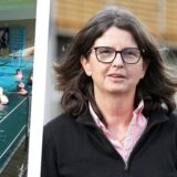 Links mehrere Menschen in einem Becken des Hallenbads Selm, rechts Christine Jücker