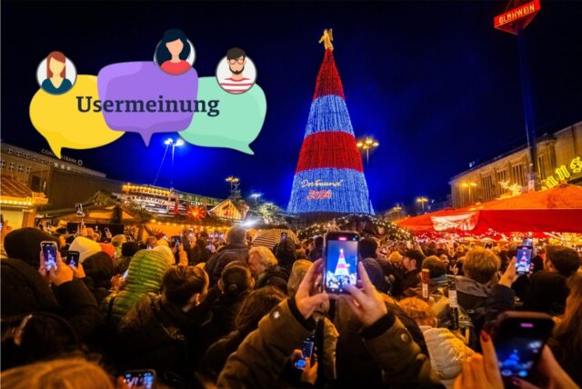 Das Logo „Usermeinung“ ist neben dem erleuchteten Weihnachtsbaum auf dem Weihnachtsmarkt Dortmund 2024 zu sehen.