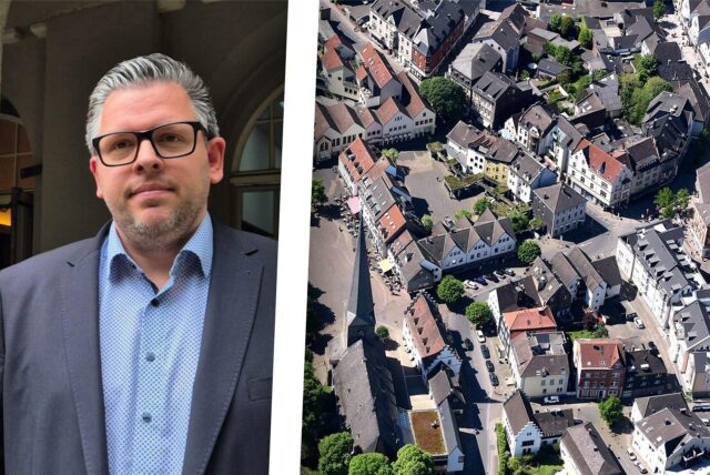 Schwertes Kämmerer Niklas Luhmann links, rechts ein Luftbild von Schwerte