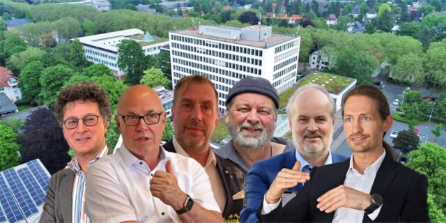 Bildmontage mit Geschäftsführern von kommunalen Gesellschaften des Kreises Unna (v.l.): Walter Köpp-Farke (Gemeinnützige Gesellschaft für Suchthilfe Kreis Unna GmbH), Matthias Fischer (UKBS), Andreas Gérard (GWA, bis Oktober 2024), Oliver Wendenkampf (Umweltzentrum Westfalen GmbH), André Pieperjohanns (VKU, bis Februar 2024), Sascha Dorday (WFG)