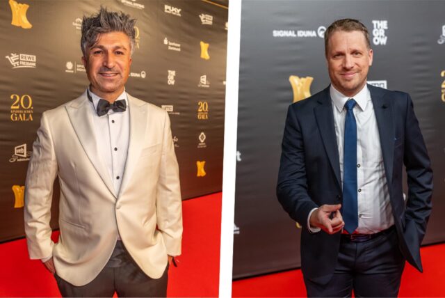 Links Lottomillionär Kürsat „Chico“ Yildirim, rechts Comedian Oliver Pocher auf dem roten Teppich der Kinderlachen-Gala 2024 in Dortmund.