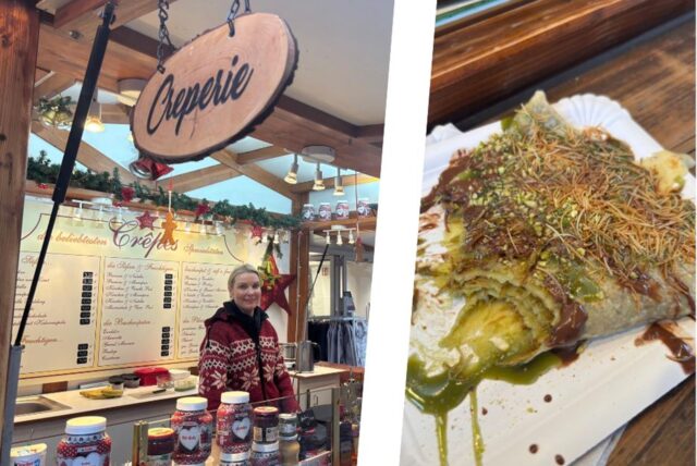 Michaela Seitz steht in ihrem Crêperiestand auf dem Weihnachtsmarkt in Unna. Neben ihr ist ein  Dubai-Crêpe zu sehen.