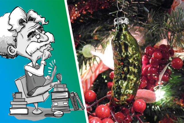 Weihnachtsgurke hängt am Baum.