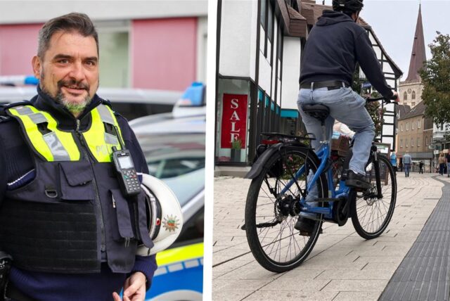 Uwe Bergmeier (links) ist der Leiter der Polizeiwache Unna. Rechts ist ein Radfahrer in der Fußgängerzone (Abschnitt Hertingerstraße) in Unna unterwegs.