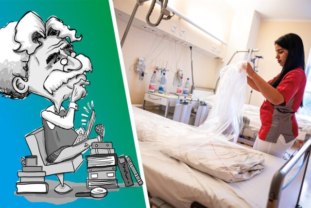 Krankenschwester bezieht ein Bett neu.