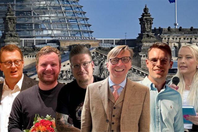 Oliver Kaczmarek (SPD), Benjamin Lehmkühler (FDP), Oliver Schröder (Die Linke), Michael Sacher (Bündnis 90/Die Grünen), Dr. Tilman Rademacher (CDU), Friederike Hagelstein (AfD) sind auf dieser Montage vor dem Berliner Reichstagsgebäude zu sehen.