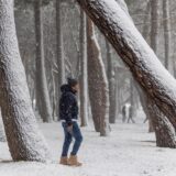 Ein junger Mann geht zwischen Bäumen spazieren, während es schneit.