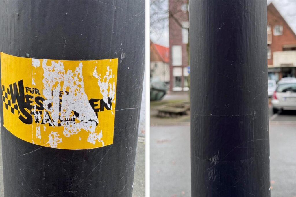 Ein Vorher-nachher-Foto von einem beklebten Laternenmast Ein Vorher-nachher-Foto von einem beklebten Laternenmast