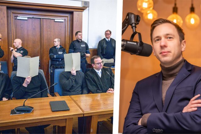 links: zwei Angeklagte im Mouhamed-Dramé-Prozess mit Aktenordnern vor dem Gesicht / rechts: Bastian Pietsch