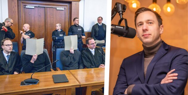 links: zwei Angeklagte im Mouhamed-Dramé-Prozess mit Aktenordnern vor dem Gesicht / rechts: Bastian Pietsch