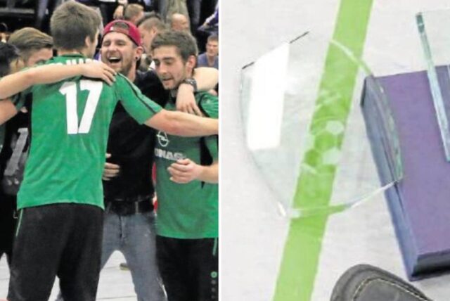 Links jubeln die Spieler der SG Massen nach dem HSM-Sieg 2015. Doch eine Trophäe (r.) gab es in dem Jahr nicht für die Mannschaft. Sie wurde zerbrochen.