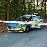 Ein Polizeiauto steht an einem mit Flatterband abgesperrten Waldweg (SYMBOLBILD)