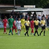Schiedsrichter führen zwei Fußballmannschaften auf das Feld.