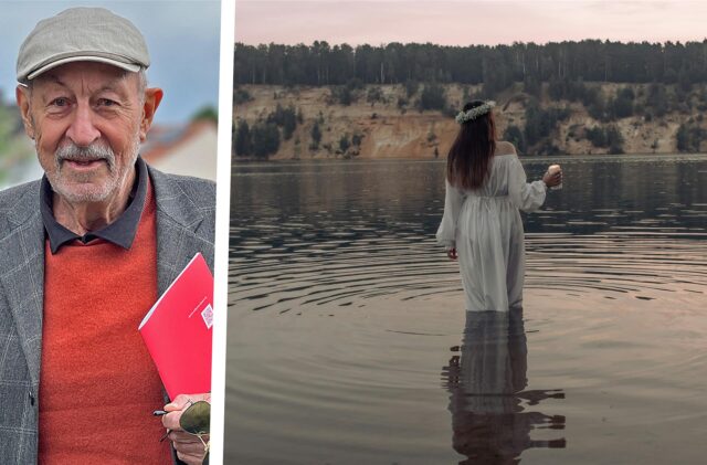 Klaus Holzer (links), rechts eine Frau in weißem Gewand in einem Fluss, von hinten fotografiert.