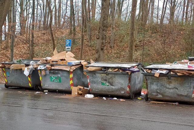 Vollgestopfte Altpapiercontainer an der Unnaer Straße in Südkamen geben kein schönes Bild ab.