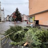 Mehrere Tannenbäume liegen übereinander auf dem Unnaer Marktplatz.