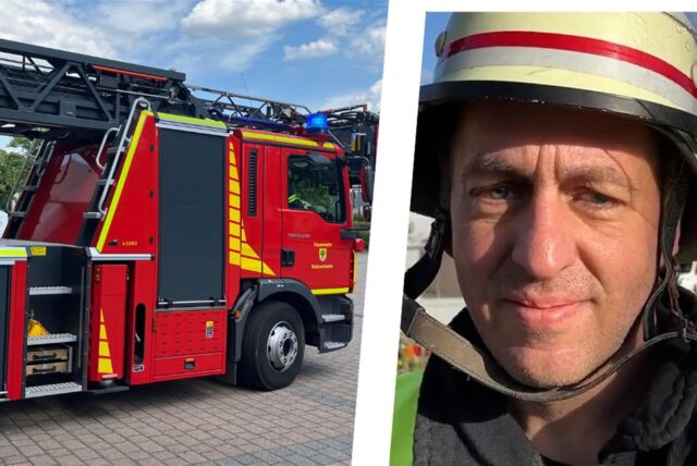 Jens Preetz von der Freiwilligen Feuerwehr Holzwickede, Einsatzfahrzeug bei Nacht.