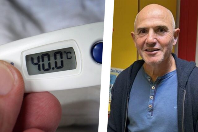 Links ein Fieberthermometer, rechts Dr. Michael Gilbert