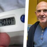 Links ein Fieberthermometer, rechts Dr. Michael Gilbert