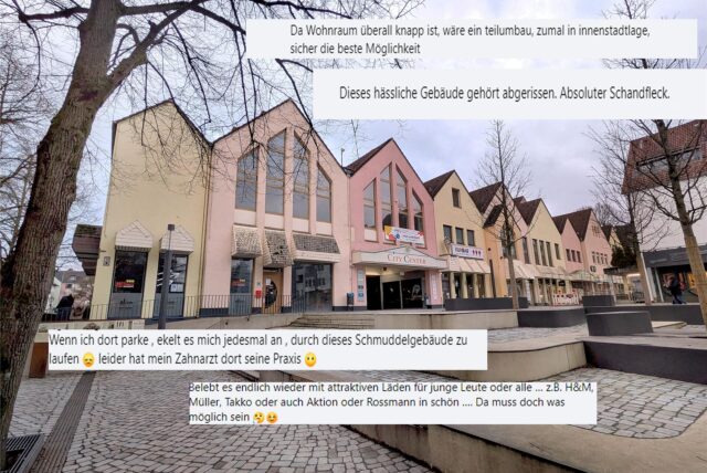 Das City-Center in Schwerte in einer Collage mit Facebook-Kommentaren.