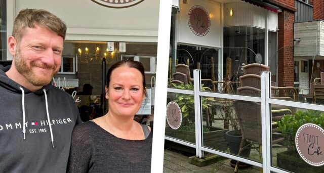Sabrina Maidorn und Ehemann Michael und die Außenansicht des nun in Stadt Café umbenannten Betriebs.