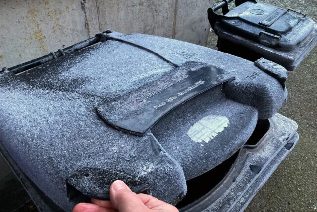 Eine Restmülltonne, auf der Frost zu sehen ist.