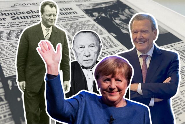 Willy Brandt, Konrad Adenauer, Angela Merkel und Gerhard Schröder