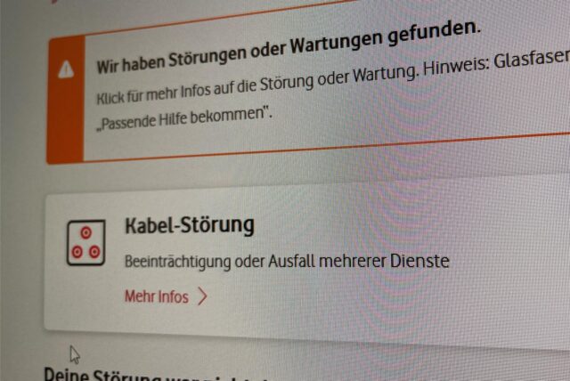Auf einer Internetseite des Kabelanbieters Vodafone wird eine Kabel-Störung gemeldet.