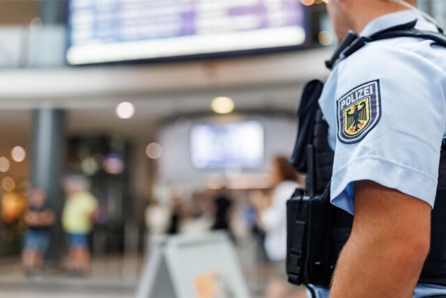 Ein Polizist steht in der Eingangshalle des Hauptbahnhofs in Dortmund