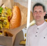 Links ein Burger aus dem Restaurant Daichi in Dortmund-Hombruch, rechts Sternekoch Michael Dyllong.