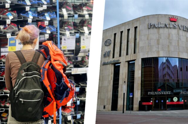 Links begutachtet eine Frau Wanderschuhe in einer Decathlon-Filiale, rechts das Einkaufszentrum Palais Vest in Recklinghausen.