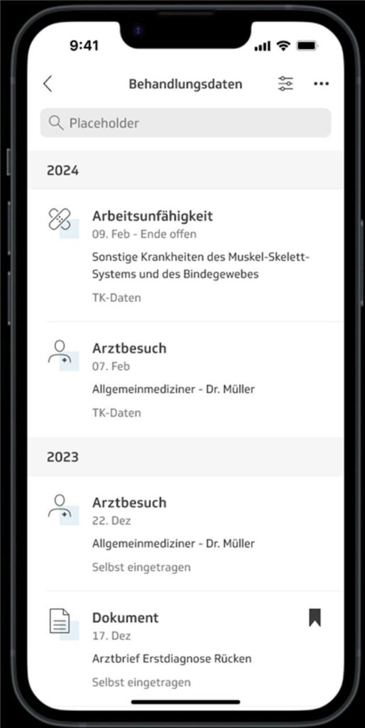 Der von der Techniker Krankenkasse zur Verfügung gestellte Screenshot einer Smartphone-App zeigt beispielhaft eine Seite einer elektronischen Patientenakte. Der von der Techniker Krankenkasse zur Verfügung gestellte Screenshot einer Smartphone-App zeigt beispielhaft eine Seite einer elektronischen Patientenakte.