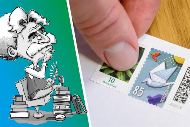 Jemand klebt Briefmarken auf.