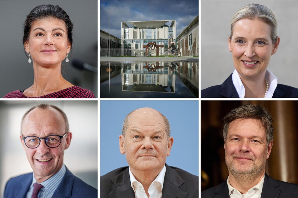 Die fünf Kanzlerkandidaten der Bundestagswahl am 23. Februar 2025 sind (v.o.l.n.u.r.): Sarah Wagenknecht (BSW), Alice Weidel (AfD), Friedrich Merz (CDU), Olaf Scholz (SPD) und Robert Habeck (Grüne). Die fünf Kanzlerkandidaten der Bundestagswahl am 23. Februar 2025 sind (v.o.l.n.u.r.): Sarah Wagenknecht (BSW), Alice Weidel (AfD), Friedrich Merz (CDU), Olaf Scholz (SPD) und Robert Habeck (Grüne).