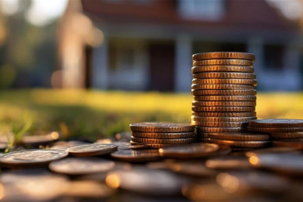 Geldstücke liegen vor einem Wohnhaus. Es handelt sich um ein Symbolbild, das die Abgaben von Immobilienbesitzern darstellen soll. Geldstücke liegen vor einem Wohnhaus. Es handelt sich um ein Symbolbild, das die Abgaben von Immobilienbesitzern darstellen soll.
