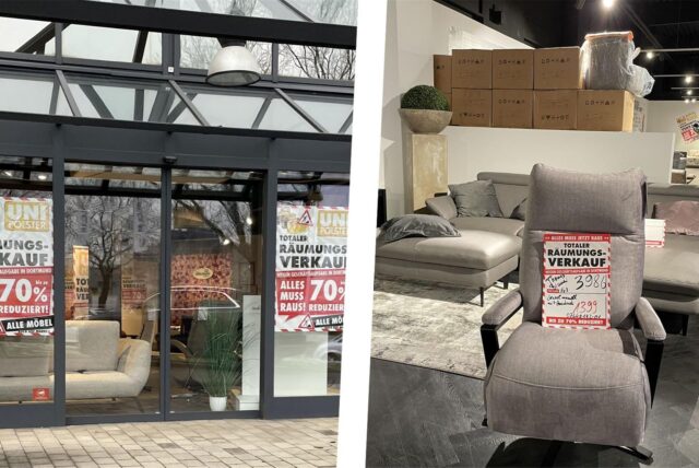 Collage: links das Schaufenster  von Uni Polster in Dortmund-Dorstfeld, rechts ein Sessel im Angebot.