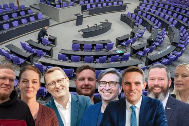 Die Kandidaten für die Bundestagswahl 2025 im Wahlkreis Unna I (v.l.) Oliver Schröder (Die Linke), Lea Emler (Volt), Oliver Kaczmarek (SPD), Benjamin Lehmkühler (FDP), Michael Sacher (Bündnis 90/Die Grünen), Dr. Tilman Rademacher (CDU), Sebastian Rühling (BD), Friederike Hagelstein (AfD) in einer Bildmontage vor dem Plenaraal des Bundestags.