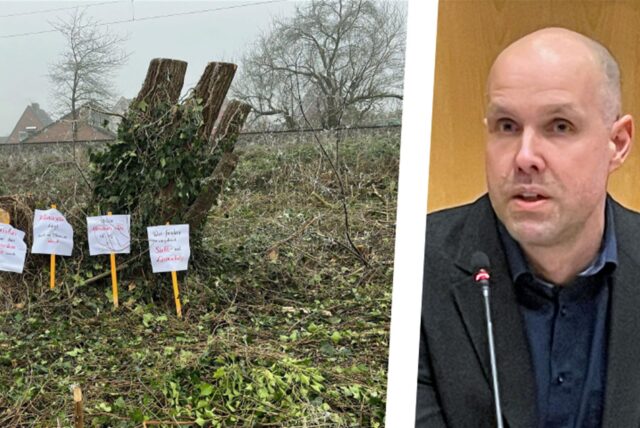 Links Protestplakate vor einem abgeholzten Baum, rechts im Bild Dr. Tobias Gehrke, Betriebsleiter des Kommunalbetrieb Werne.