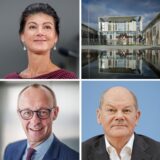 Die Kanzlerkandidaten für die Bundestagswahl 2025: Sahra Wagenknecht (BSW), Alice Weidel (AfD), Friedrich Merz (CDU), Olaf Scholz (SPD) und Robert Habeck (Bündnis 90/Die Grünen).