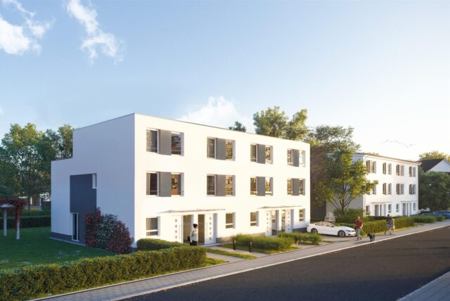 Die Darstellung eines Bauunternehmens zeigt dreigeschossige Doppelhäuser mit Flachdach und weißer Fassade, die so ähnlich in Holzwickede gebaut werden sollen.