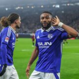 25.01.2025, Fussball, Saison 2024/2025, 2. Bundesliga, 19. Spieltag, FC Schalke 04 – 1. FC Nürnberg, Moussa Sylla (FC Schalke 04) jubelt nach seinem Tor zum 3 zu 1.