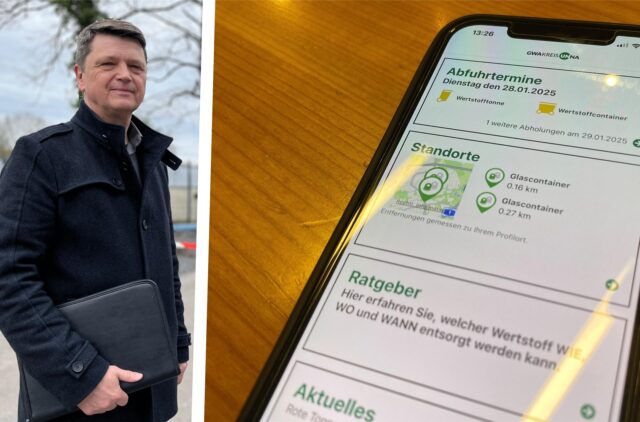 Montage: Links GWA-Sprecher Andreas Hellmich, Ein Foto von der geöffneten App auf einem Smartphone.