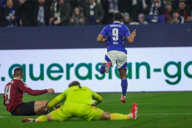 25.01.2025, Fussball, Saison 2024/2025, 2. Bundesliga, 19. Spieltag, FC Schalke 04 – 1. FC Nürnberg, Moussa Sylla (FC Schalke 04) jubelt nach seinem Tor zum 2 zu 0.