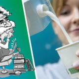 Frau gießt Milch in einen Becher.