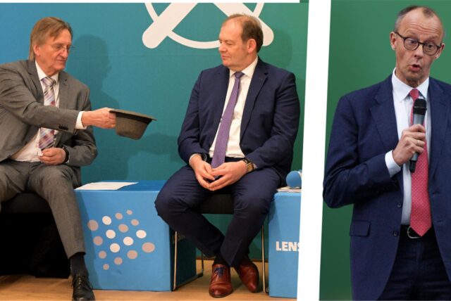 Bei der Podiumsdiskussion Sitznachbarn, aber in der Sache uneins: AfD-Kandidat Georg Schroeter neben Arnd Hilwig (CDU). Kanzlerkandidat Friedrich Merz muss sich gegen Vorwürfe wehren, die CDU lasse die Brandmauer nach Rechts bröckeln.