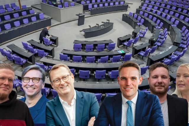 Die Köpfe der Direktkandidaten bei der Bundestagswahl 2025 im Wahlkreis Unna I (v.l.): Oliver Schröder (Die Linke), Michael Sacher (Bündnis 90/Die Grünen), Oliver Kaczmarek (SPD), Dr. Tilman Rademacher (CDU), Benjamin Lehmkühler (FDP), Friederike Hagelstein (AfD) in einer Bildmontage vor dem Plenarsaal des Bundestages.