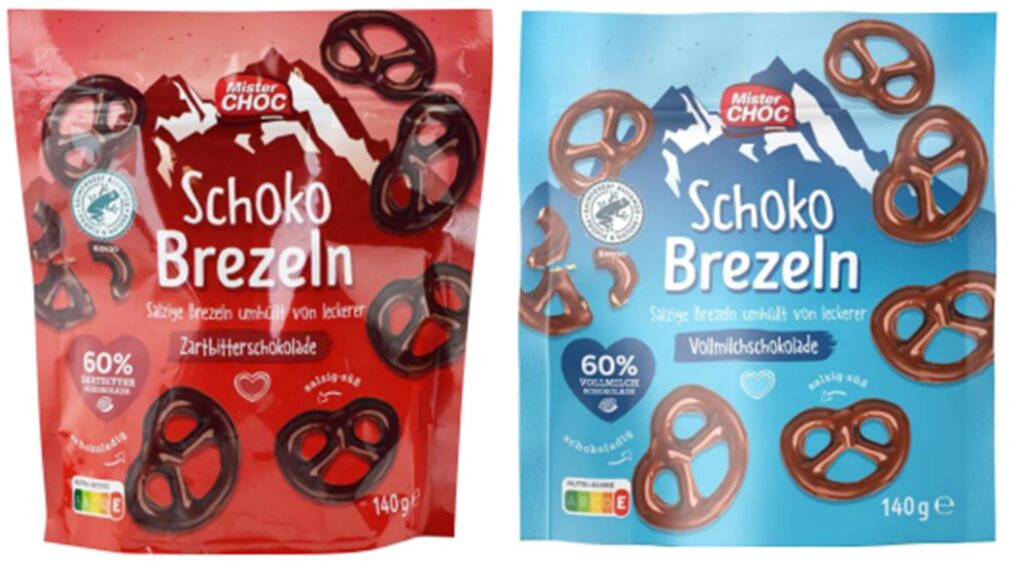 Zwei Beutel der Schokobrezeln von Lidl, die zurückgerufen werden. Zwei Beutel der Schokobrezeln von Lidl, die zurückgerufen werden.