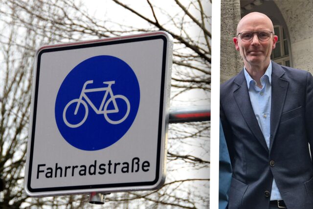 Ein Schild weist auf die Fahrradstraße hin. Rechts FBG-Lehrer Torsten Warscheid