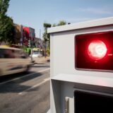 Ein Taxi fährt an einem Blitzer vorbei.